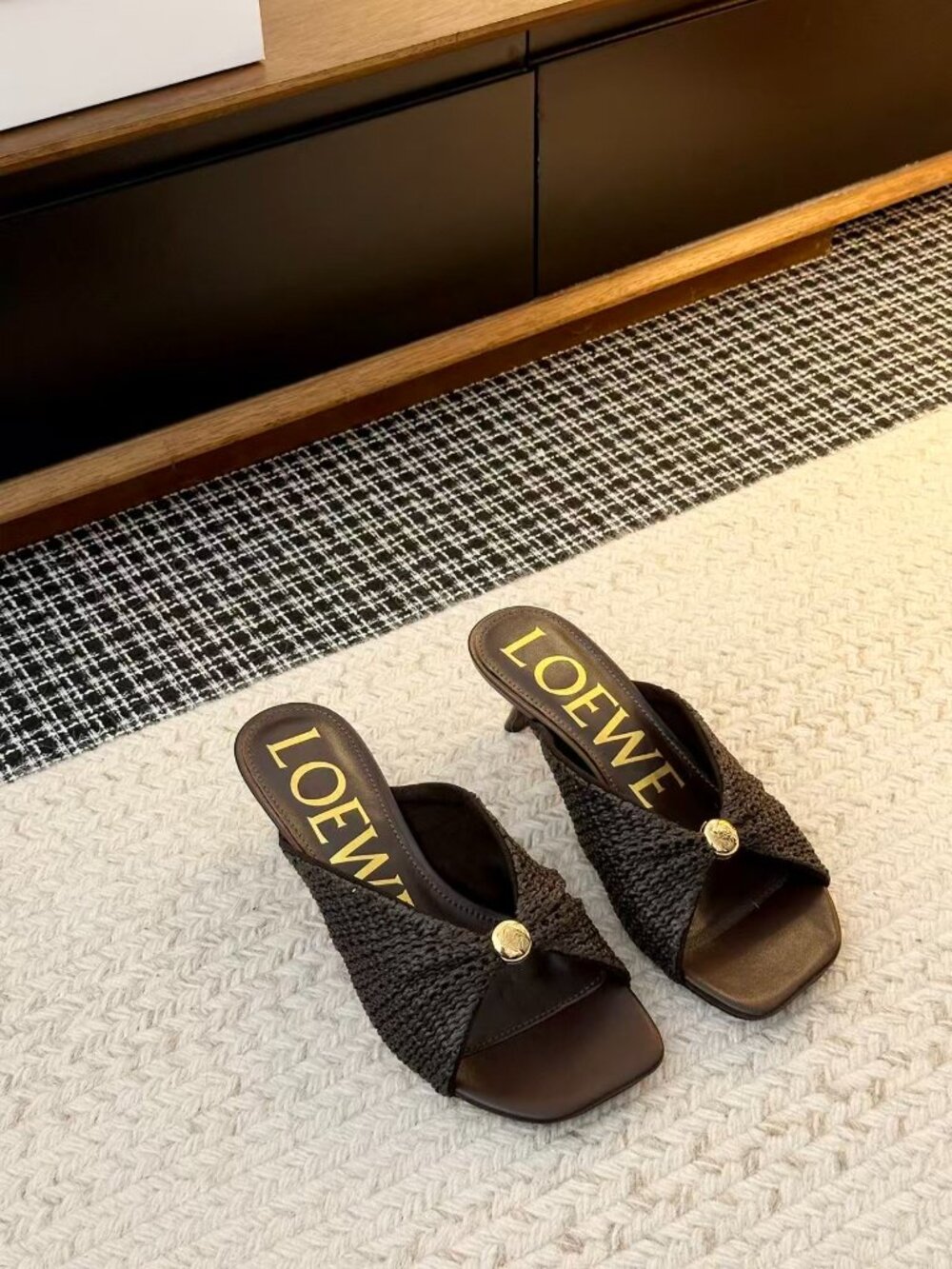 Loewe Dark Brown Woven Twist Kitten Heel Mule Sandals